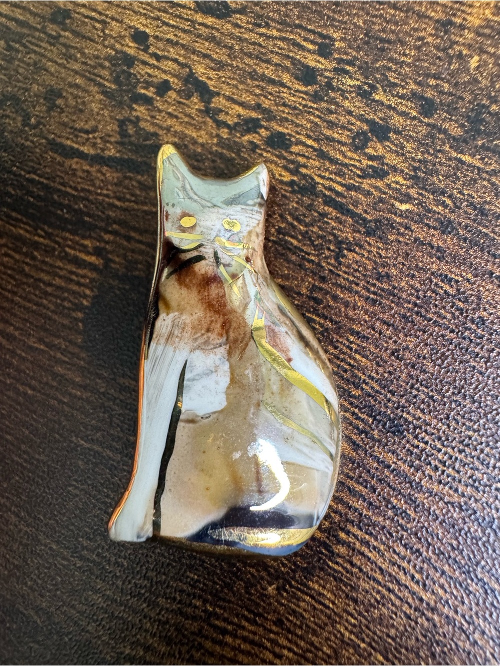 Hand Crafted Cat Brooch - Brown, Cream & Gold Accents - Glazed Ceramic